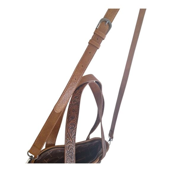 Wrangler Concealed Carry Tote Hair-on Cowhide Fringe Tooled Crossbody Bag Purse - Picture 7 of 16